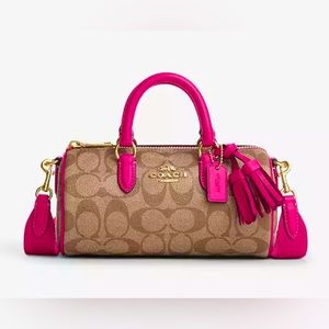 Coach Lacey Crossbody in Signature Khaki Canvas with Cerise Leather Trim